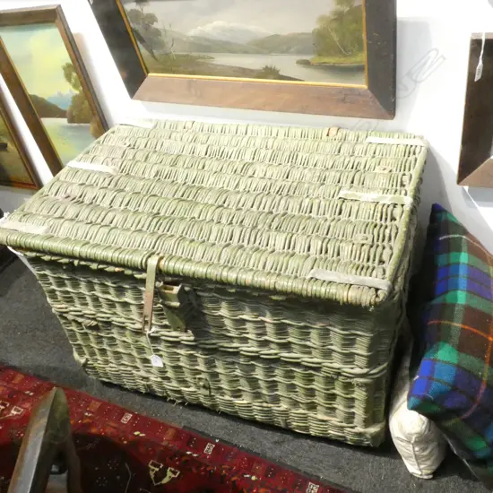 LARGE GREEN PAINTED CANE STEAMER TRUNK W.920mm