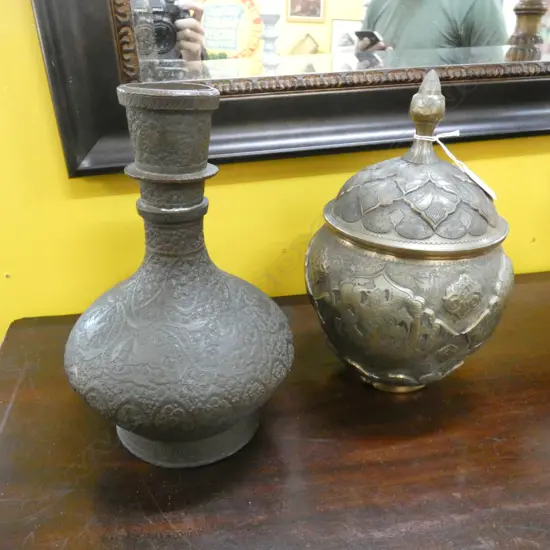 2 MIDDLE EASTERN METAL PCES; VASE & LIDDED JAR H.280mm