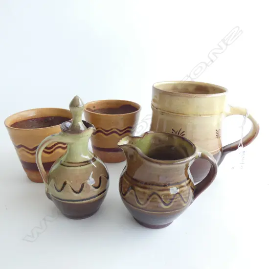5 WINCHCOMBE POTTERY PCES; MUG, PR BEAKERS, JUG, POURER