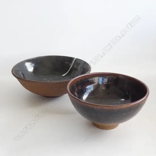 2 STUDIO POTTERY BLACK GLAZED BOWLS 175mm dia