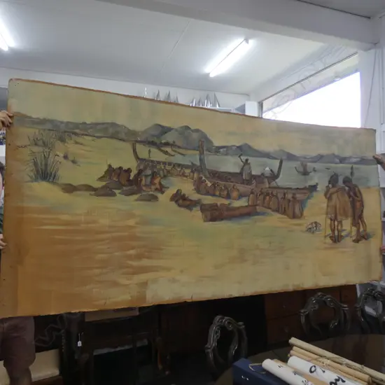 MAORI LANDSCAPE BACKDROP PAINTED ON CARDBOARD 