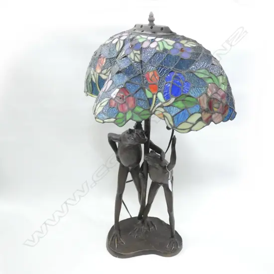 LILY POND LEADLIGHT & BRONZE TABLE LAMP (SIGNED) H 790MM