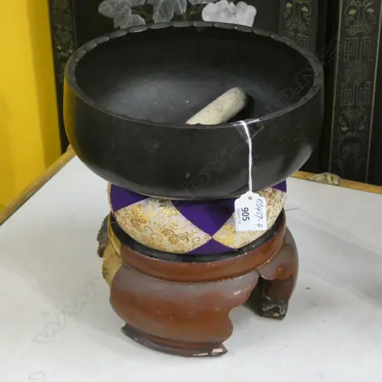 OLD HEAVY JAPANESE TEMPLE GONG WOODEN STAND H226 D221