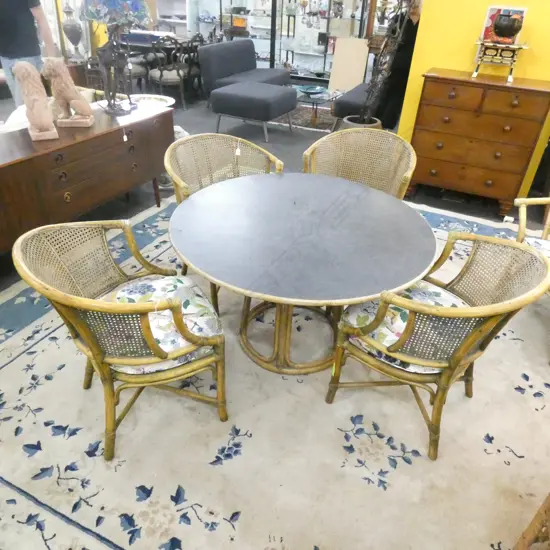 4 MCGUIRE CANE & WICKER CHAIRS & TABLE (DIA 1140MM)