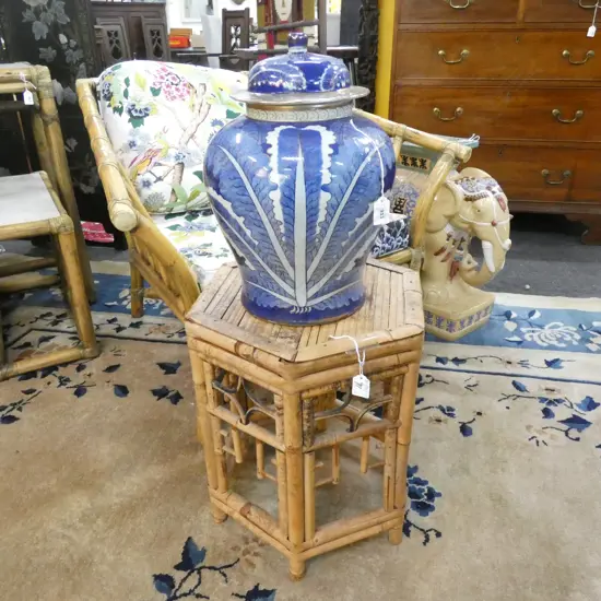 CHINESE B/W VASE GILT TRIM H.380mm + BAMBOO STOOL H.450mm