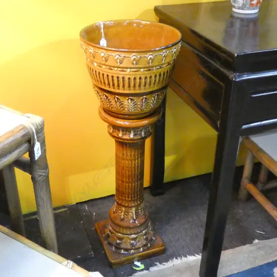 BROWN CERAMIC JARDINERE ON STAND H.805mm