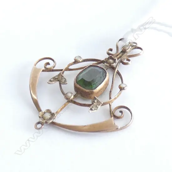 EDWARDIAN 9CT TOURMALINE/SEED PEARL PENDANT
