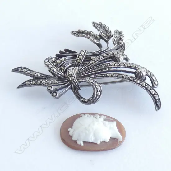 TWO SILVER MARCASITE BROOCHES AND UNSET CAMEO