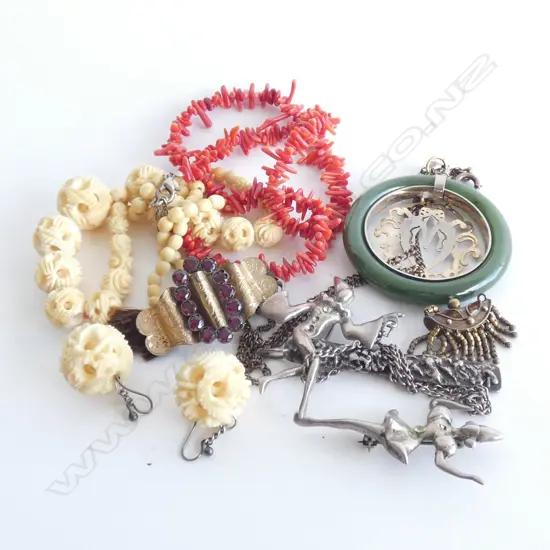 COLLECTION JEWELLERY; CORAL & IVORY NECKLACES, SILVER CIRCUS BROOCHES ETC