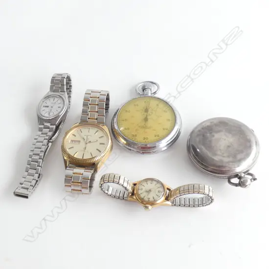 STG SILVER FOB WATCH A/F + STOPWATCH & 3 WATCHES