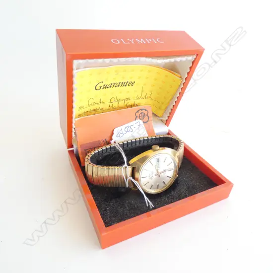 VINTAGE 1960'S OLYMPIC WRIST WATCH ORIG. BOX & GUARANTEE..