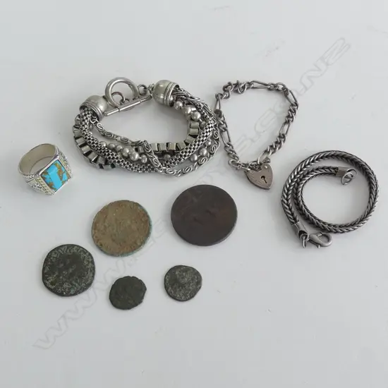 ASSTD ROMAN COINS, TURQUOISE RING, BRACELETS ETC
