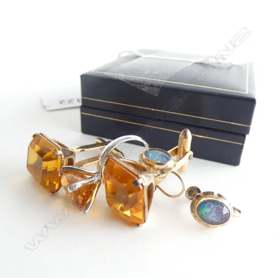 PR 9CT GOLD & OPAL EARRINGS + COSTUME RING & CUFFLINKS