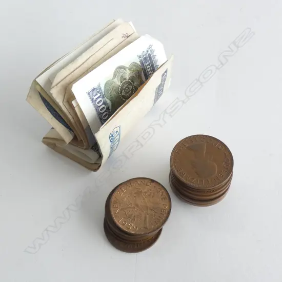 BAG OF NZ PENNIES AND ASIAN BANK NOTES