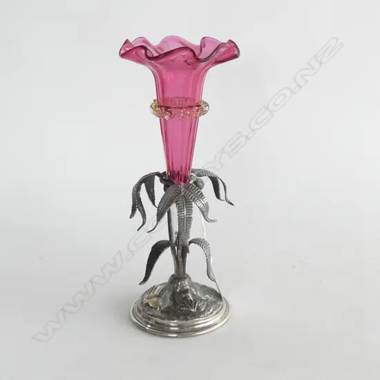 VICTORIAN SILVER PLATE & CRANBERRY GLASS EPERGNE H.220mm