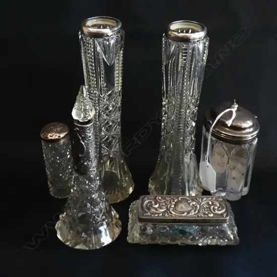 6 PCES EARLY 20thC STG & CRYSTAL CONTAINERS...