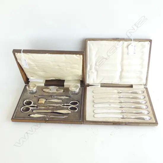 CASED STG SILVER MANICURE SET, B'HAM 1926 + 6 CASED STG SILVER FRUIT KNIVES 