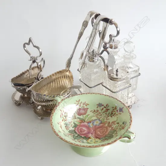 EP CONDIMENT SET, MILK & SUGAR SET, 3 EP TONGS + GREEN MALING BOWL