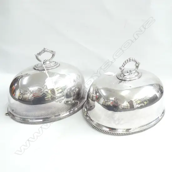 TWO SILVER PLATE MEAT COVERS - 1 ENGRAVED - LARGEST L 305MM