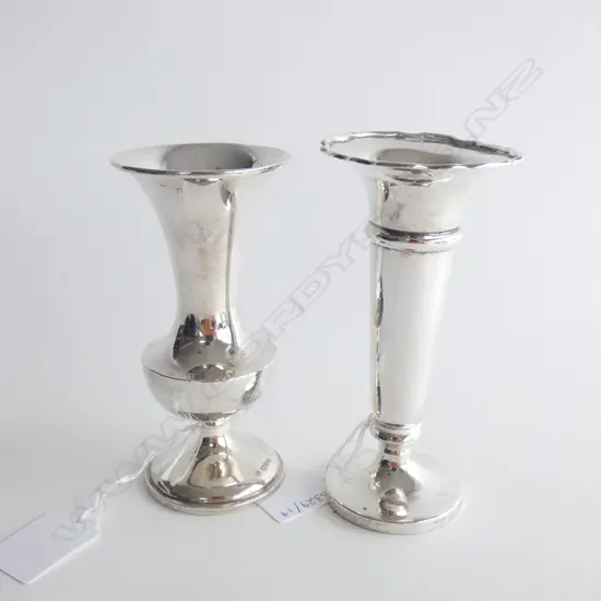 2 STG SILVER POSEY VASES; CHESTER 1910 / MARKS WORN 249 GRAMS, WEIGHTED