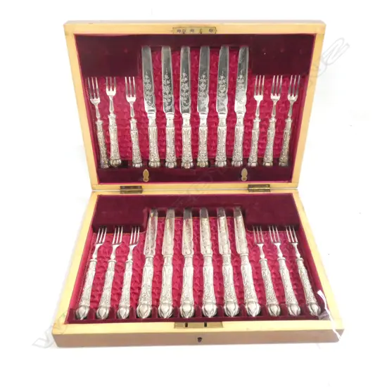 STG SILVER HANDLE ART NOUVEAU  24 PC FRUIT KNIVES & SM DESSERT FORKS BIRMINGHAM 1906/7 - IN ORIGINAL WOODEN BOX