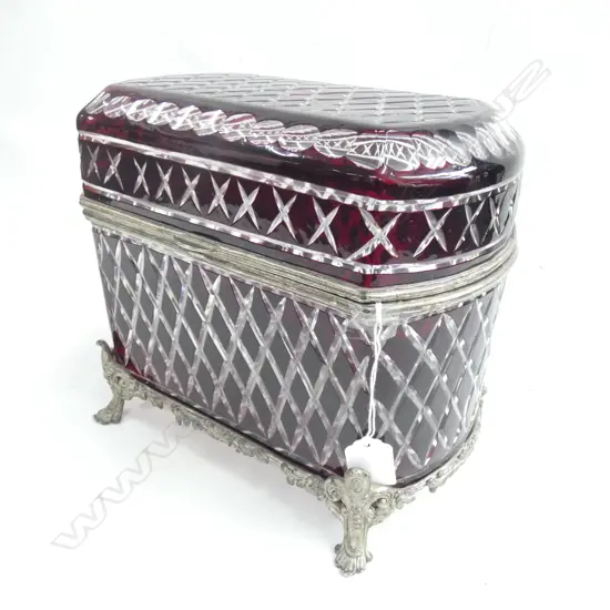 LG OLD CRANBERRY CUT GLASS HINGED LIDDED STORAGE BOX - ORNATE EP LEGS, BASE & RIM  270 X 170 X 240MM