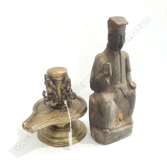 ORIENTAL BRONZE(?) INCENSE HOLDER H. 180MM & OLD WOODEN CARVED ORIENTAL FIGURE H.280MM 