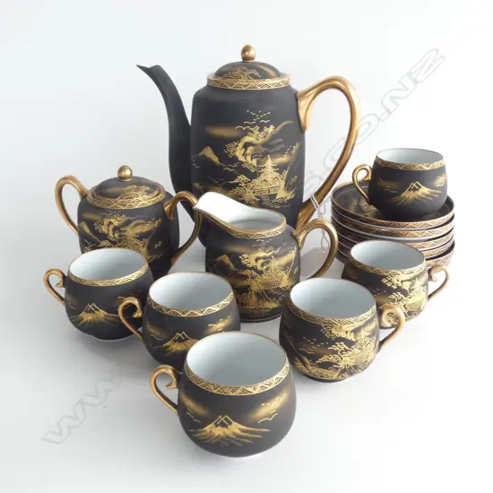  15 PCE SOKO CHINA BLACK & GOLD JAPANESE PORCELAIN TEA SET