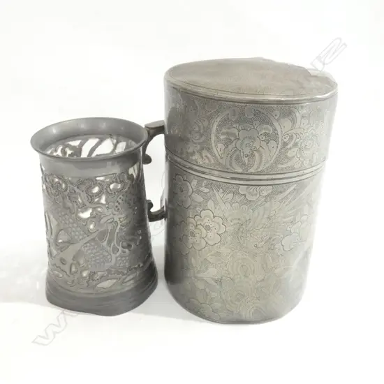 OLD ORIENTAL PEWTER; TEA CADDY (H195MM) & PEWTER & GLASS TANKARD (H130MM)
