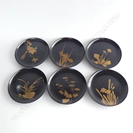 SET OF 6 MEIJI PERIOD JAPANESE BLACK LACQUER DISHES PAINTED WITH PLANTS AND FLOWERS