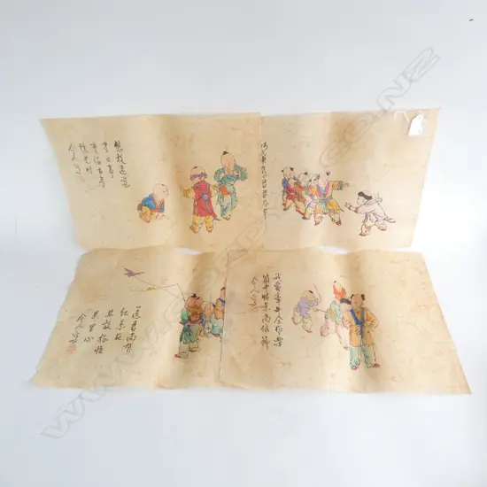 FOUR CHINESE PAINTINGS OF CHILDREN ON SILK PARCHMENT 425 X 290MM