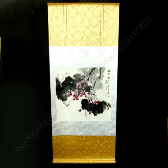 BOXED CHINESE H/PAINTED SCROLL TREE BRANCHES & FRUIT L.1940mm.W. 810mm