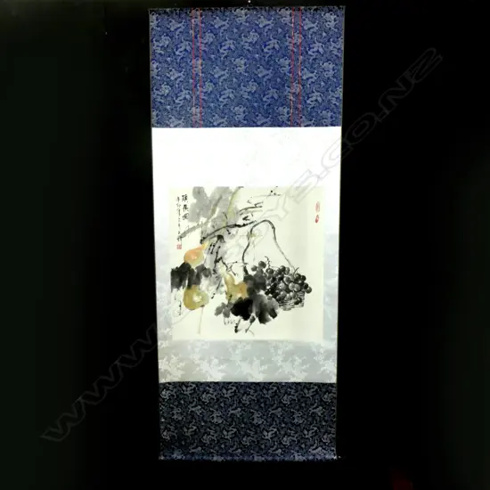 BOXED CHINESE H/PAINTED SCROLL PEARS ON BRANCHES L.1940mm W.810mm