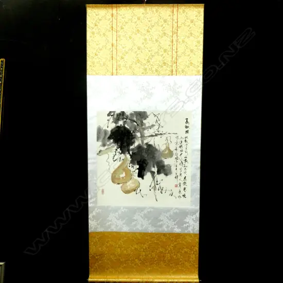 BOXED CHINESE H/PAINTED SCROLL PEARS ON TREE L.1940mm. W.810mm.