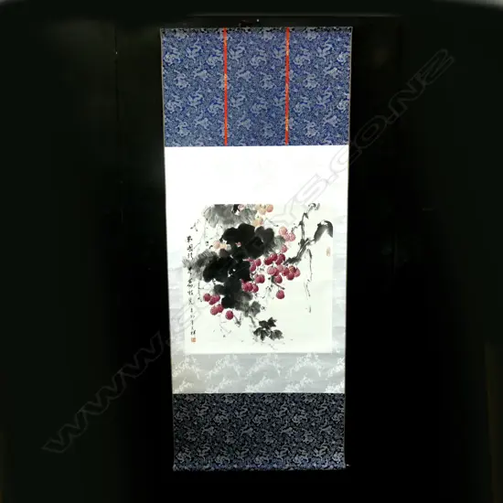 BOXED CHINESE H/PAINTED SCROLL DEPICTING RASBERRIES ON VINE L.1940mm. W.810mm