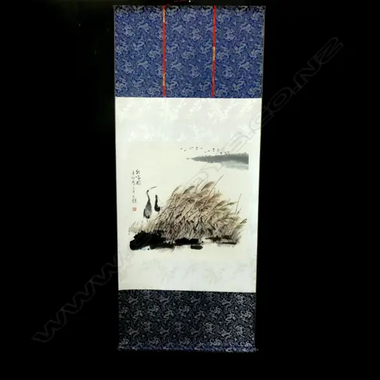 BOXED CHINESE H/PAINTED SCROLL CRANES AMONGST BULL BUSHES L.1940mm W.810mm.