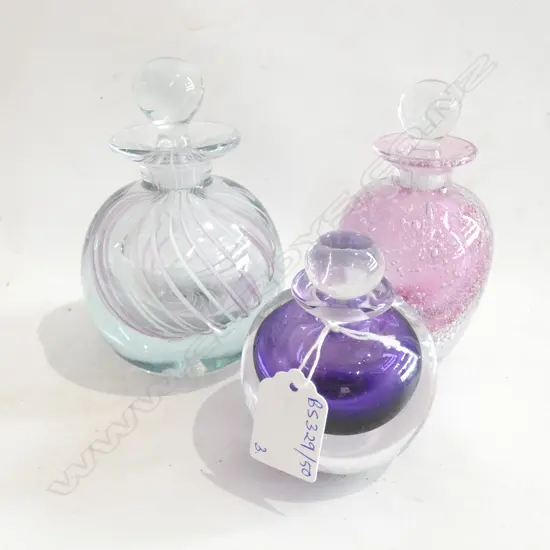 3 ART GLASS STOPPERED BOTTLES; HOGLUND ETC H.105mm