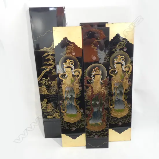 SET 5 ‘MAKI-E’ PAINTED AND GOLD LACQUERED BUDDHIST VOTIVE PANELS H880 W180