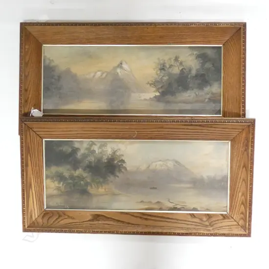 H T GARRATT (DE RITZ) (1875-1953) 2 COLONIAL LANDSCAPE OILS; 'CLINTON RIVER' & 'MITRE PEAK' 230x600mm 