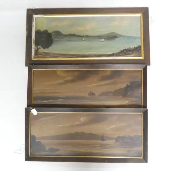 3 COLONIAL LANDSCAPE OILS; PAUL WREN 'RANGITOTO FROM ST. HELIERS' & 'WEST COAST...' + 'AUCKLAND NZ' UNSIGNED 240x600mm 