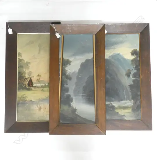 3 COLONIAL LANDSCAPE OILS; 2 PAUL WREN AF 'CLARENCE RIVER KAIKOURA' & 'OTIRA GORGE' + DE RITZ 'MAORI WHARE' 605x230mm