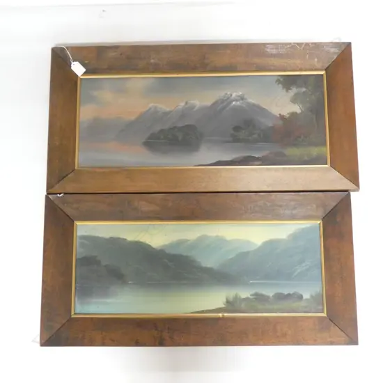 2 PAUL WREN COLONIAL LANDSCAPE OILS; 'LAKE MANAPOURI' & 'AWATERE RIVER' 230x615mm IN ORIG. OAK FRAMES 