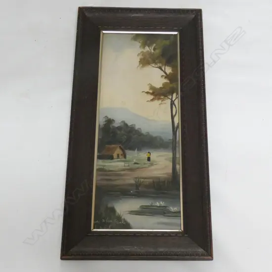 H T GARRATT (DE RITZ) (1875-1953) 'MAORI WHARE, TAUPO' COLONIAL OIL 600x230mm