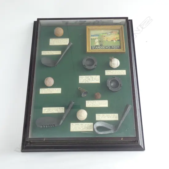 FRAMED ST ANDREWS GOLF MEMORABILIA; BALLS / TEE MOULDS / IRONS ETC.  445 X 570MM