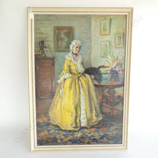 IDA CAREY 1891-1982 WOMAN IN YELLOW COURT DRESS OIL c.1958 745x505mm