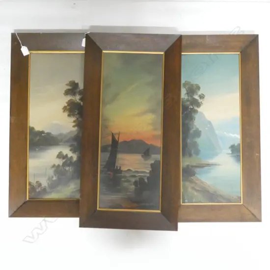 3 PAUL WREN COLONIAL LANDSCAPE OILS; 'EVENING RANGITOTO', 'MORNING LAKE MANAPOURI' & 'LAKE BRUNNER' 595x230mm