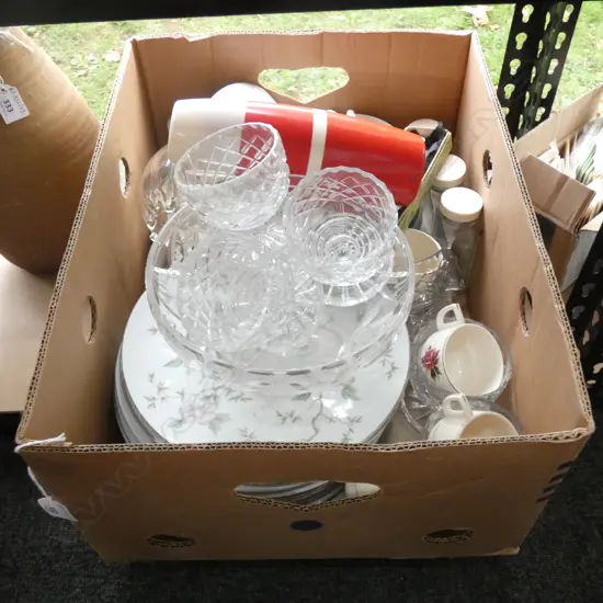 BOX LOT NORITAKE, CRYSTAL, PICNIC SET ETC