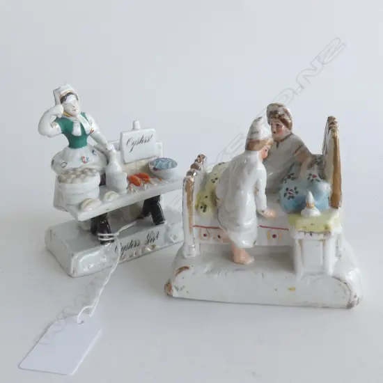 2 ANTIQUE EUROPEAN PORCELAIN FIGURES; COUPLE GOING TO BED & 'OYSTERS, SIR?' MATCH STRIKER W.85mm