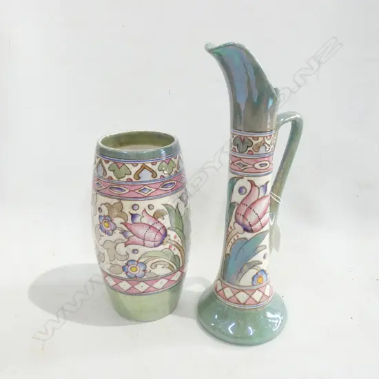 2 PCES CHARLOTTE RHEAD BURSLEY WARE VASE & JUG H.335mm