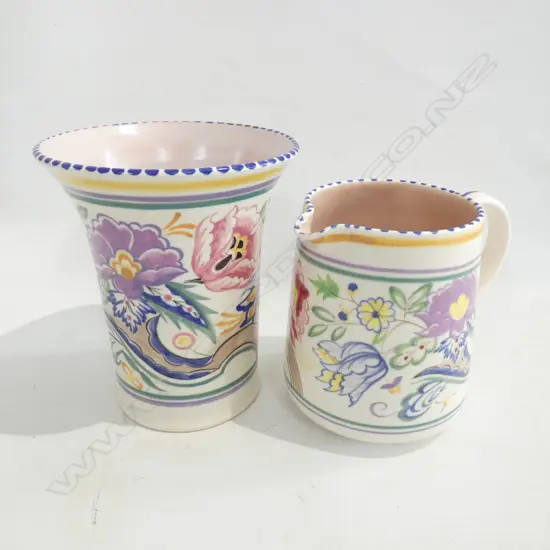 2 PCES HAND PAINTED POOLE; JUG & VASE H.165mm